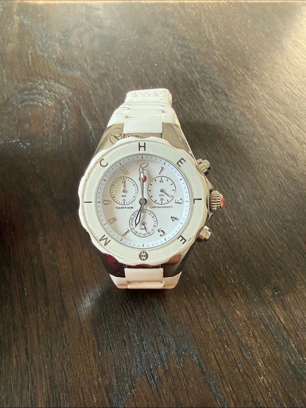 Michele White Silicone Tahitian Chronograph with Red Crown Accent
